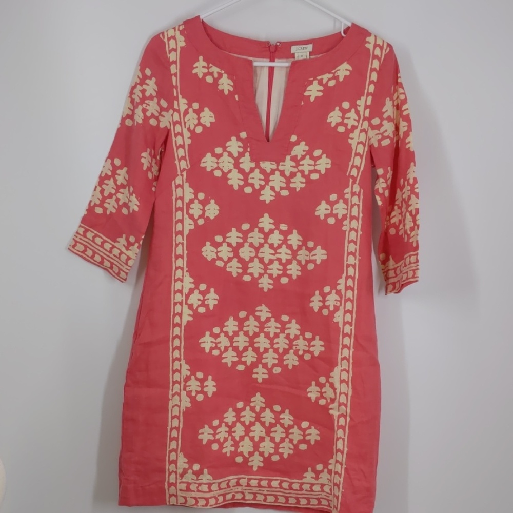 J. Crew lined linen pink resist-print shift-sz 0